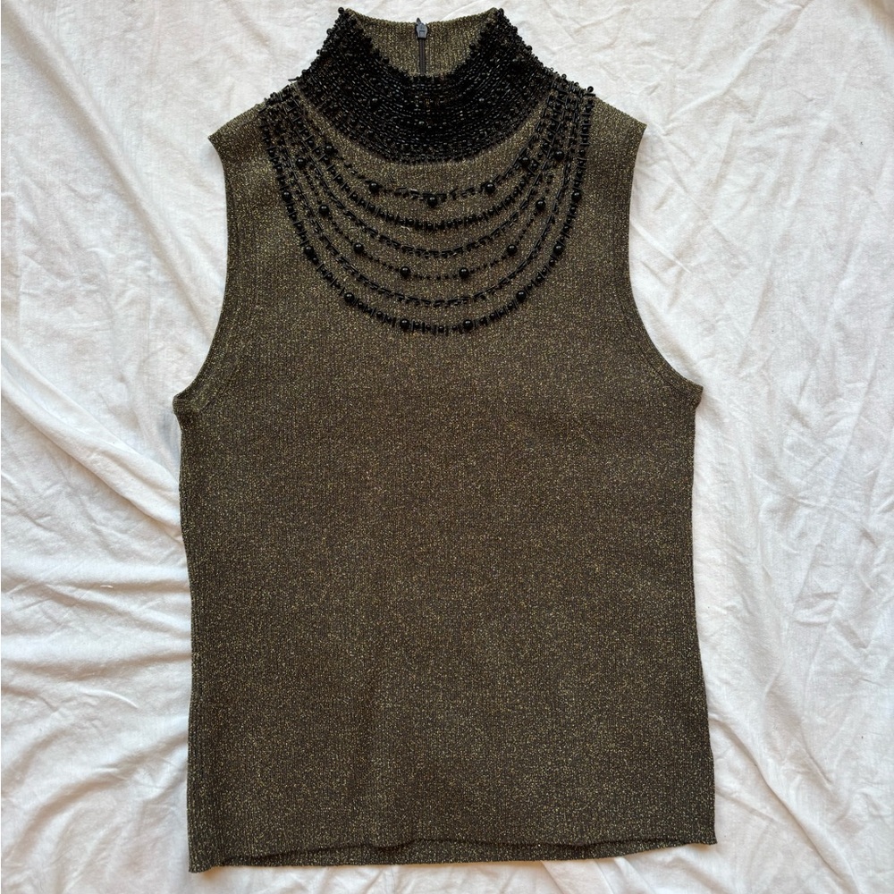 EVIE Petite Gold and Black silk Beaded high neck Tank Top